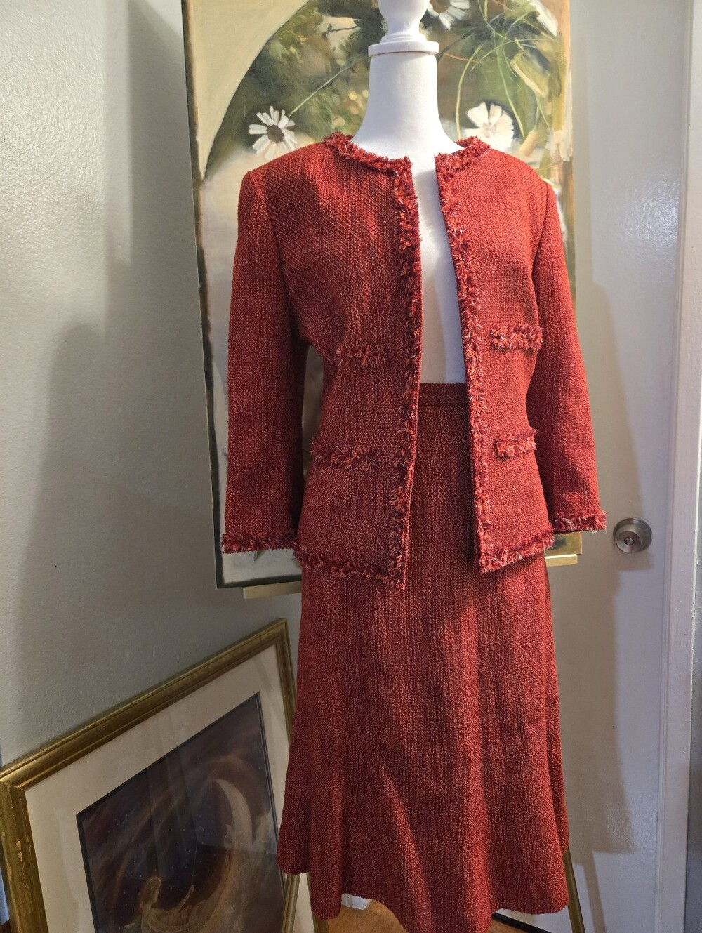 Kasper Red Tweed Skirt Suit Set Open Fron Frayed Edges Semi trumpet skirt Size12